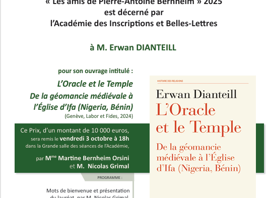 Le Prix Pierre-Antoine Bernheim 2025 décerné à Erwan Dianteill pour « L’Oracle et le Temple »